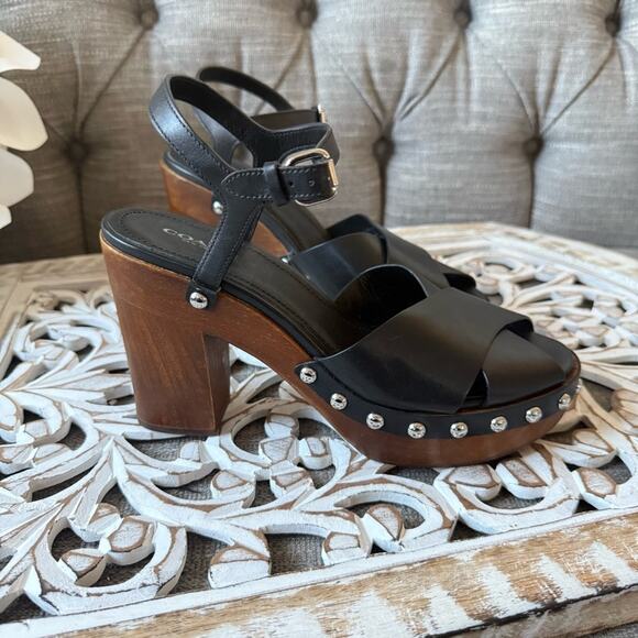 Coach Black Leather Studded Wood Heels Shoes Sandals Women’s 9